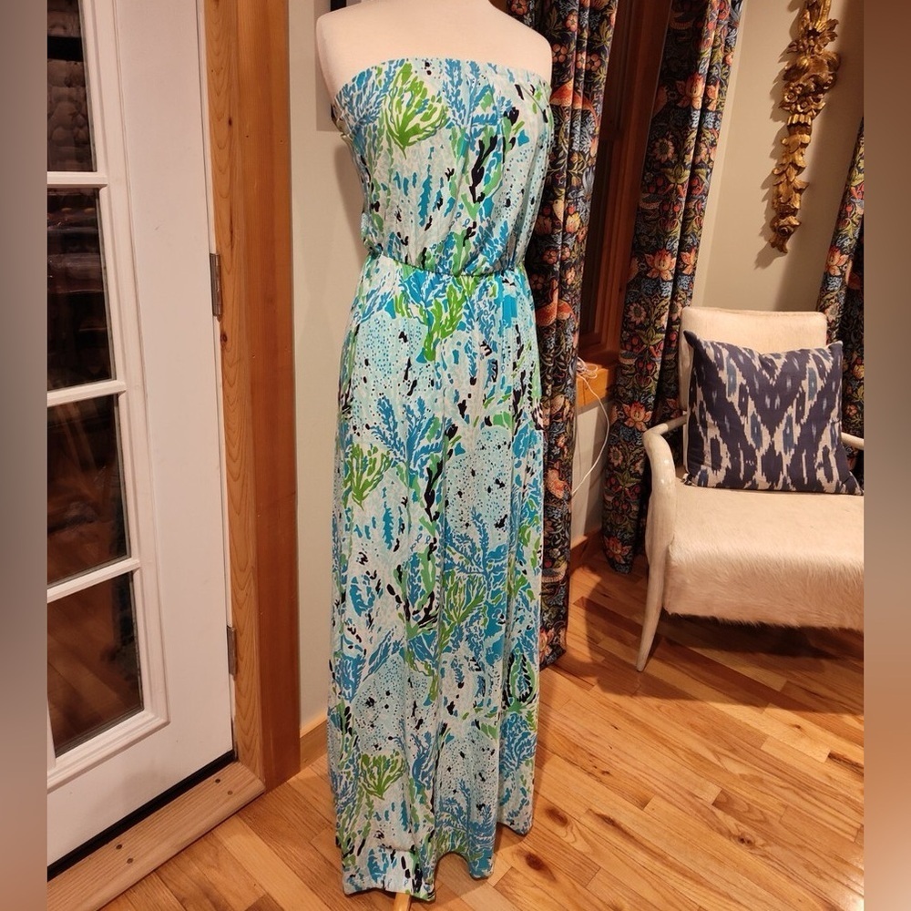 Lilly Pulitzer Strapless Marlisa Maxi Dress in Blue, Green & Pink- size large